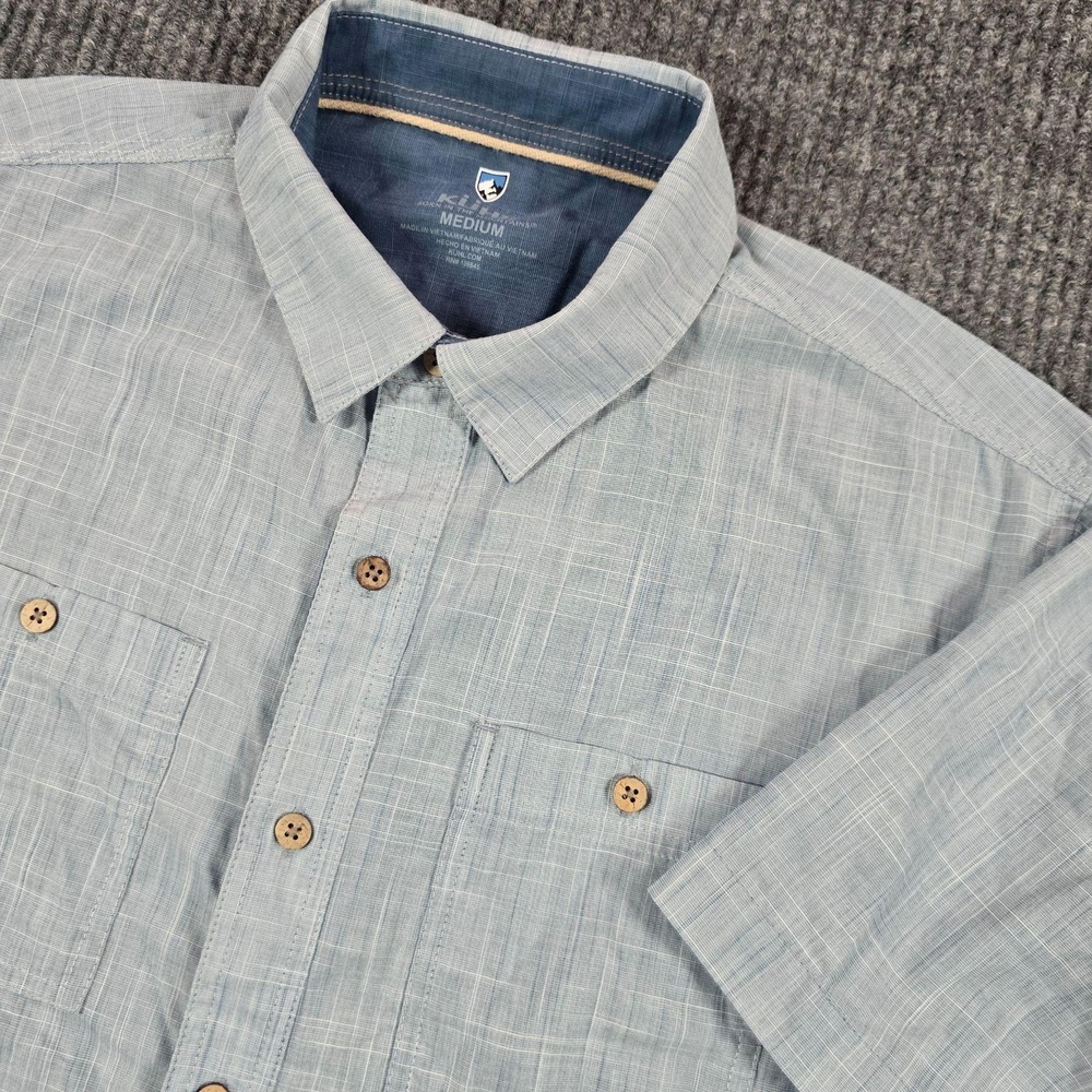 KÜHL Shirt Mens Medium Blue Plaid Short Sleeve Button Up Pockets Polyester